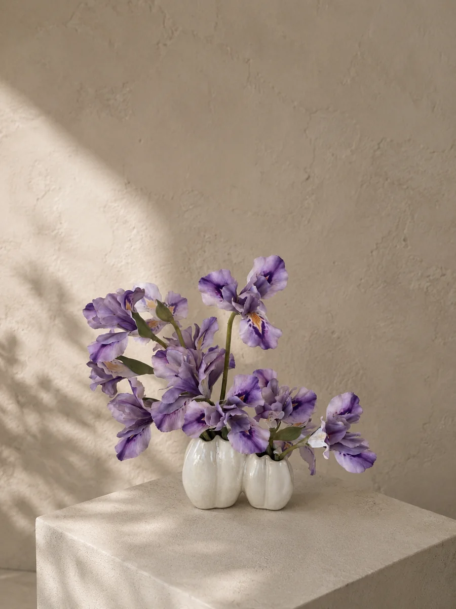 Purple artificial iris arrangement in a handcrafted double ceramic vessel, PO010
