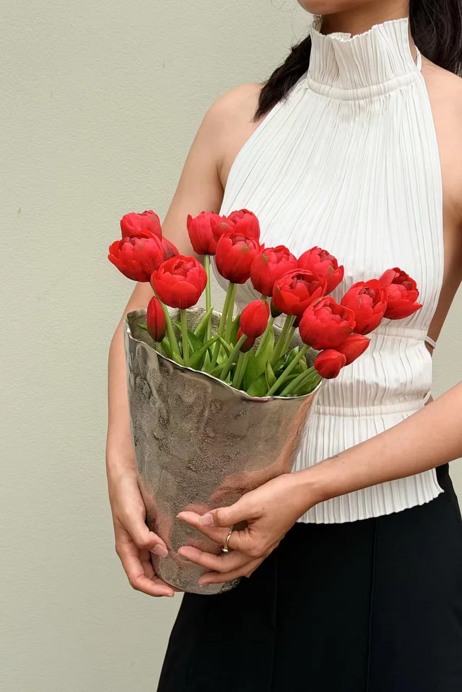 Handcrafted subscription vessel refreshed with red artificial tulips, PO012